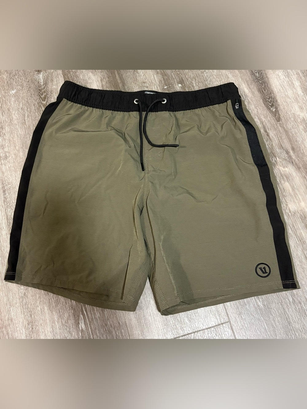Vuori Olive Green Athletic Drawstring Shorts with Black Trim